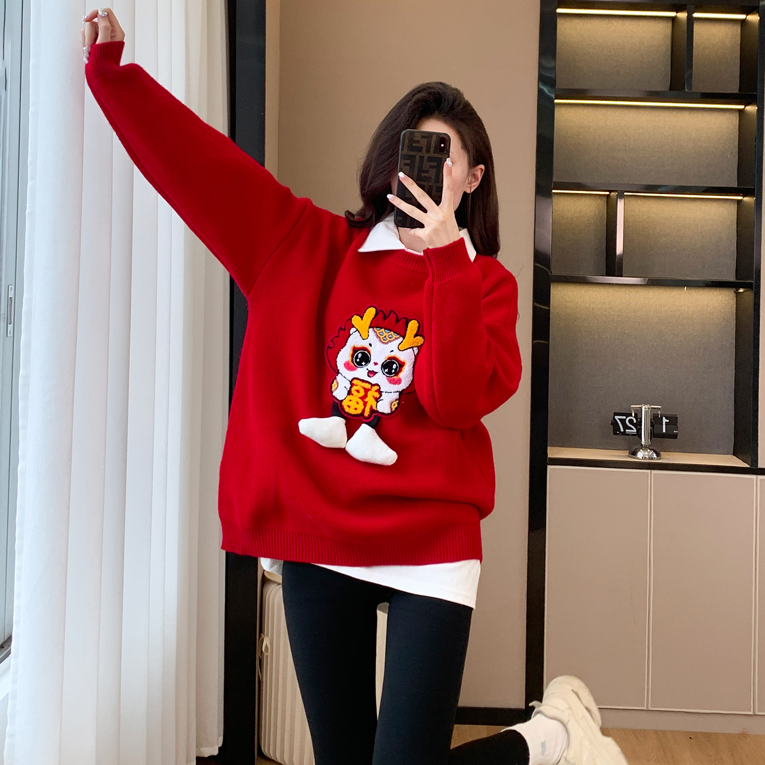 毛衣女聖誕龍年本命年國潮紅色紅喜慶寬鬆慵懶風可愛立體加厚秋冬