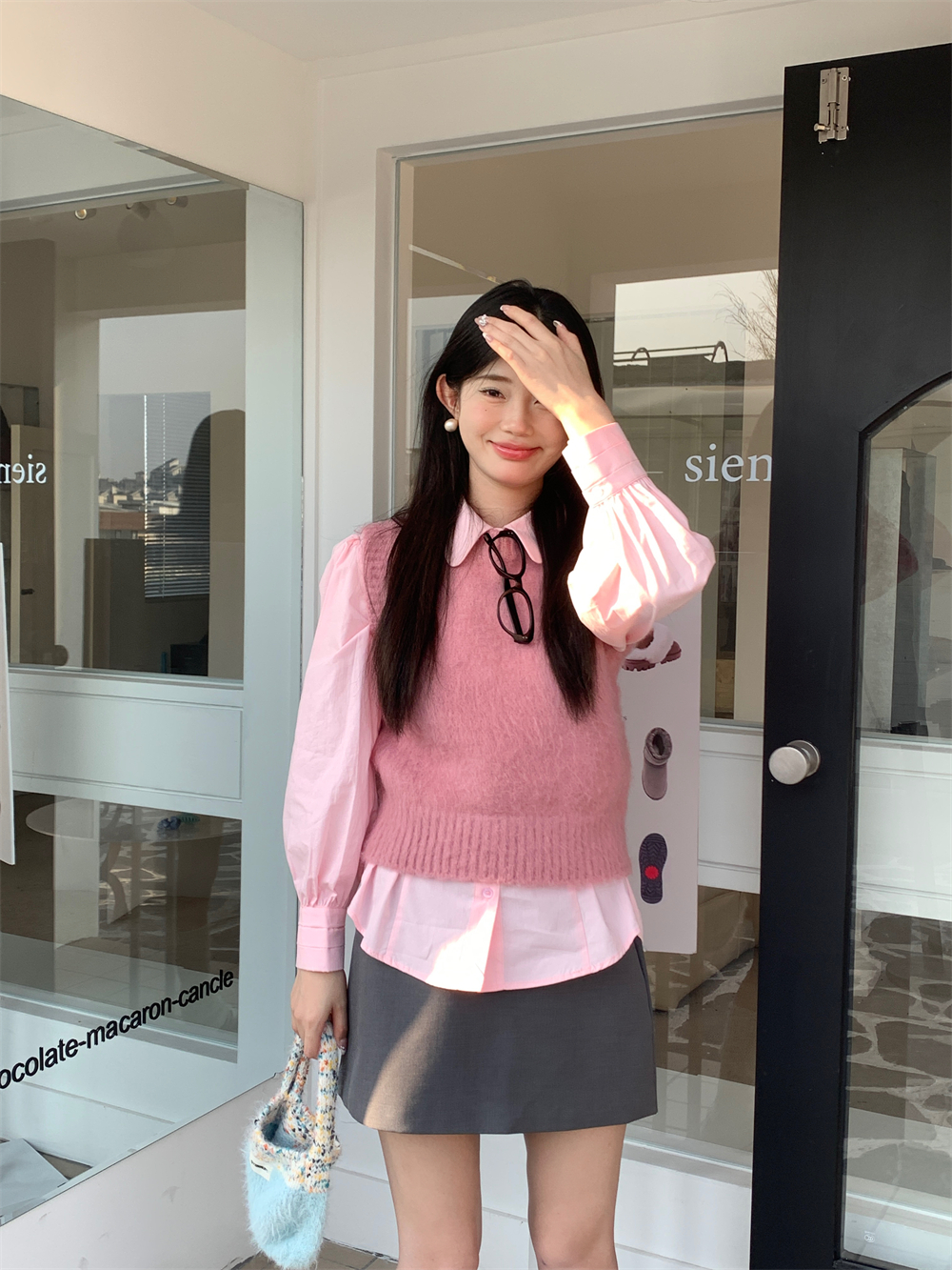 實拍磨毛疊穿針織馬甲背心外穿甜美少女無袖上衣百搭襯衫兩件套