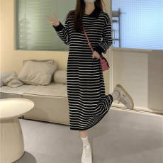 批发法式撞色polo领连衣裙子女款春装2026新款条纹长袖宽松针织中长裙