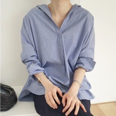 批发韩国东大门条纹衬衫女bf学生娃娃衫长袖不规则衬衣<b class='q'>中长款</b><b class='q'>打底衫</b>