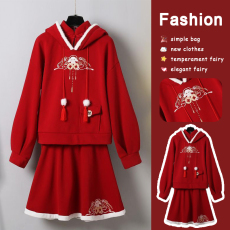 批发【<b class='q'>婴儿</b>绒】新年战袍汉服国风改良版红色汉元素过年<b class='q'>卫衣</b>裙子两件套