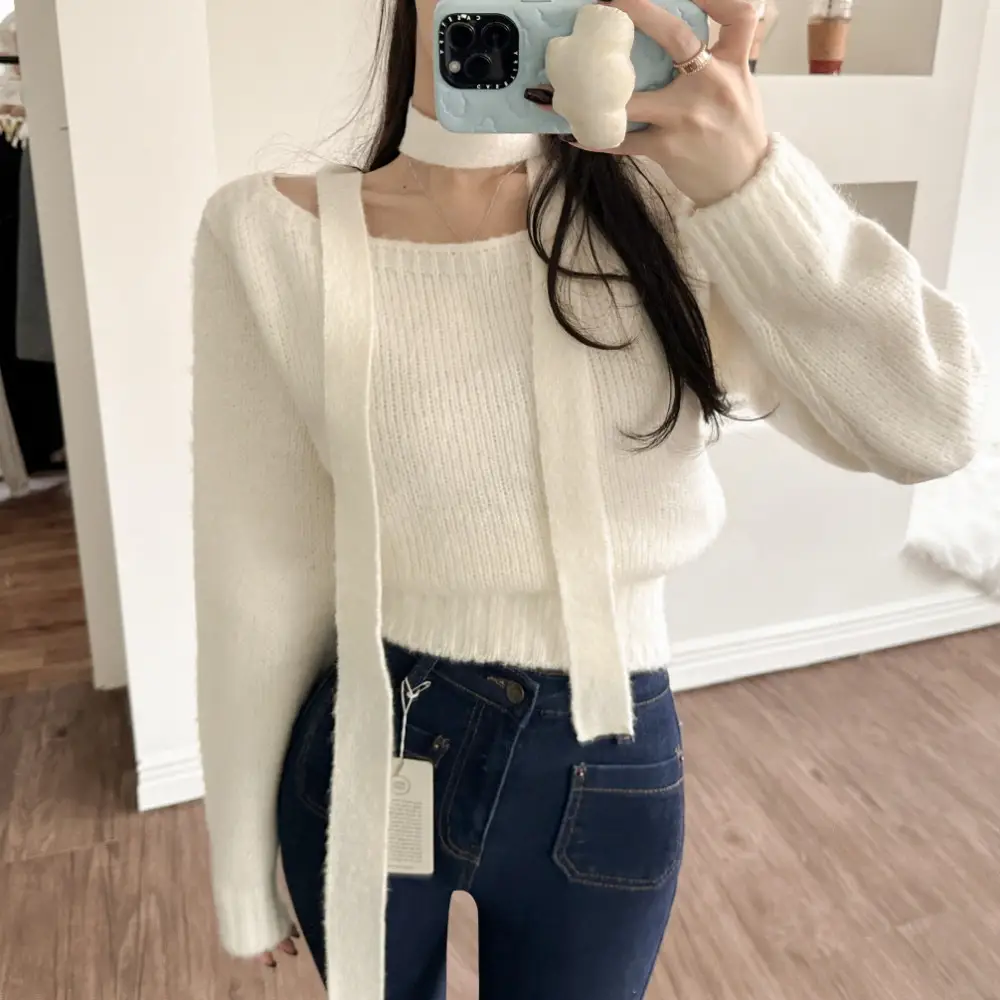 한국 스타일 빈티지 페이스 카라 니트 원피스 상세 이미지 2