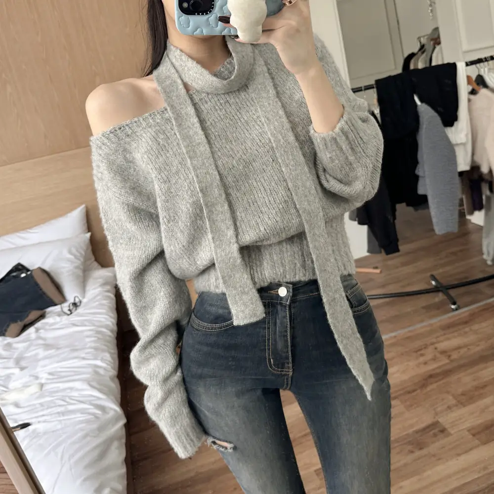 한국 스타일 빈티지 페이스 카라 니트 원피스 상세 이미지 4