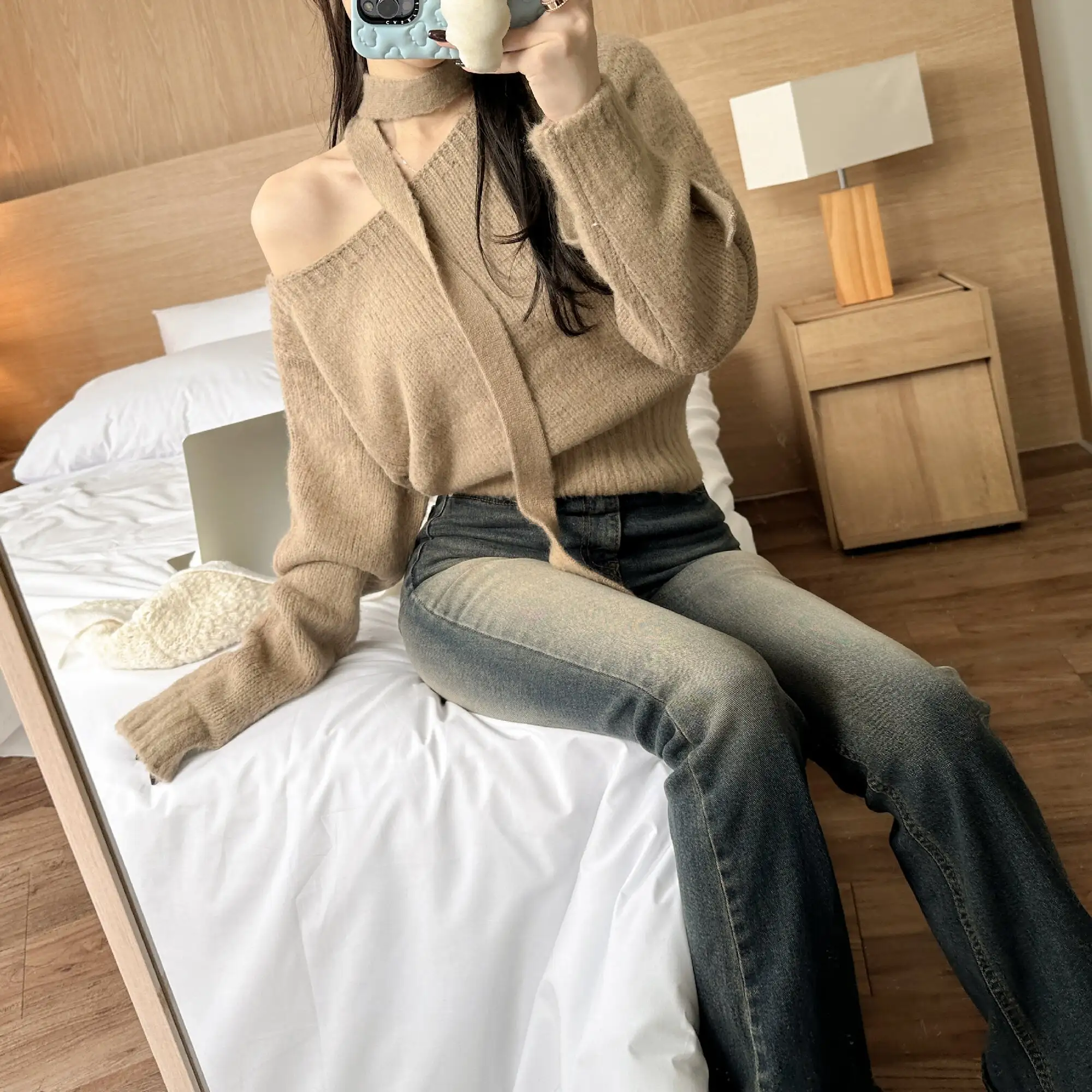 한국 스타일 빈티지 페이스 카라 니트 원피스 상세 이미지 6