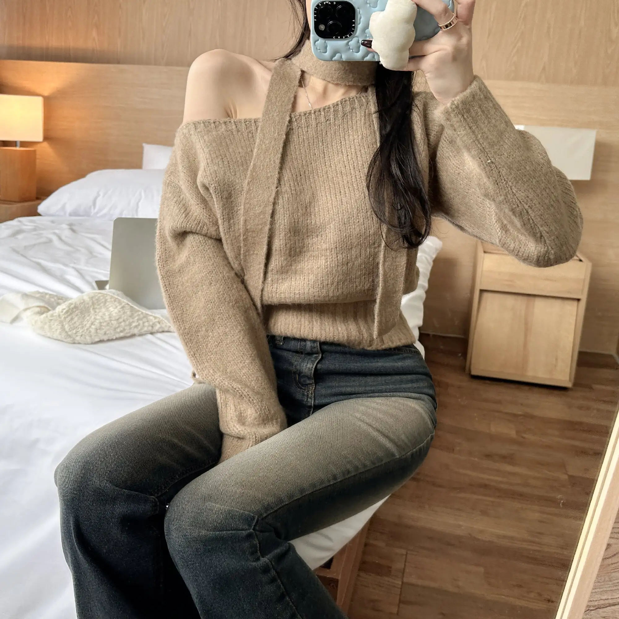 한국 스타일 빈티지 페이스 카라 니트 원피스 상세 이미지 8