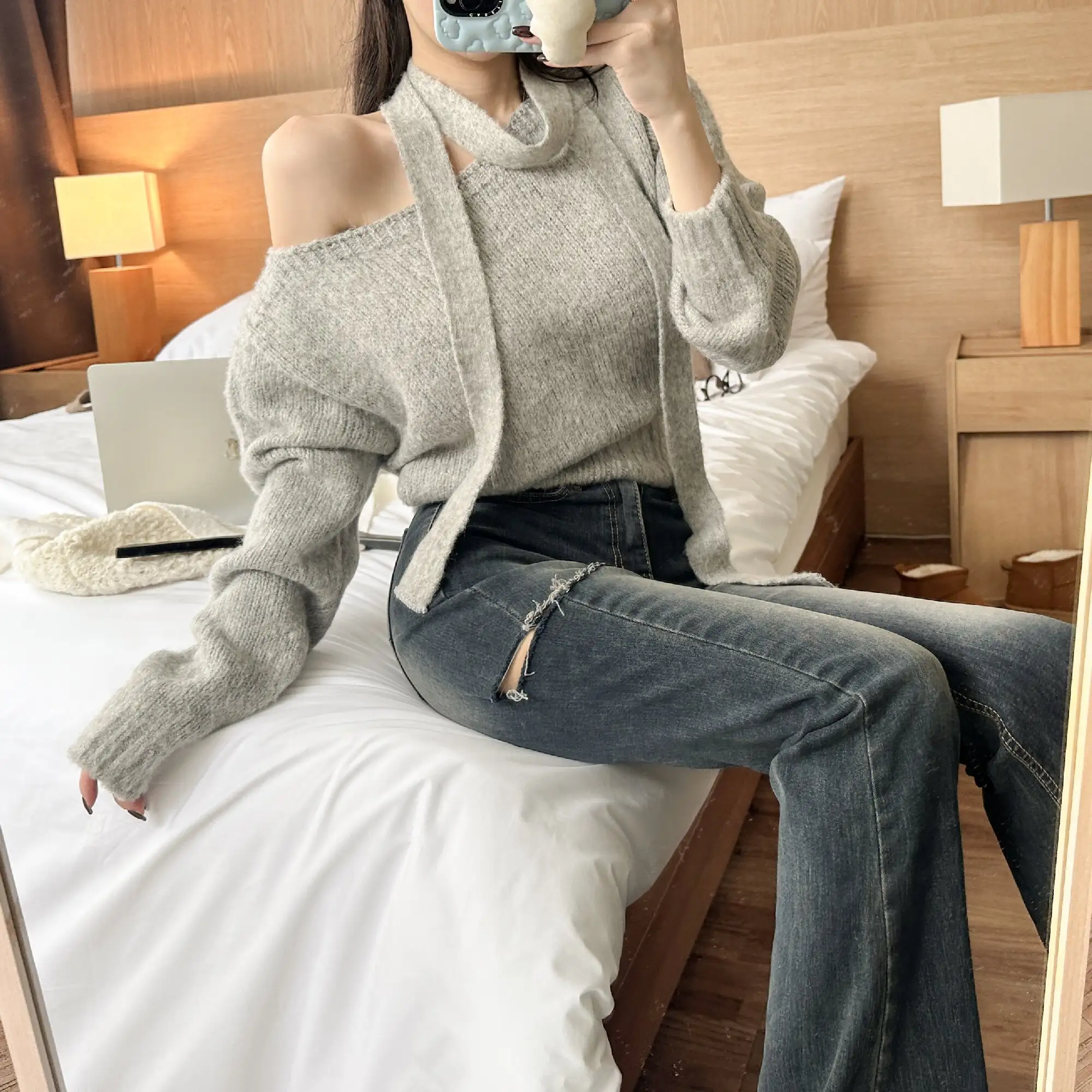 한국 스타일 빈티지 페이스 카라 니트 원피스 상세 이미지 16