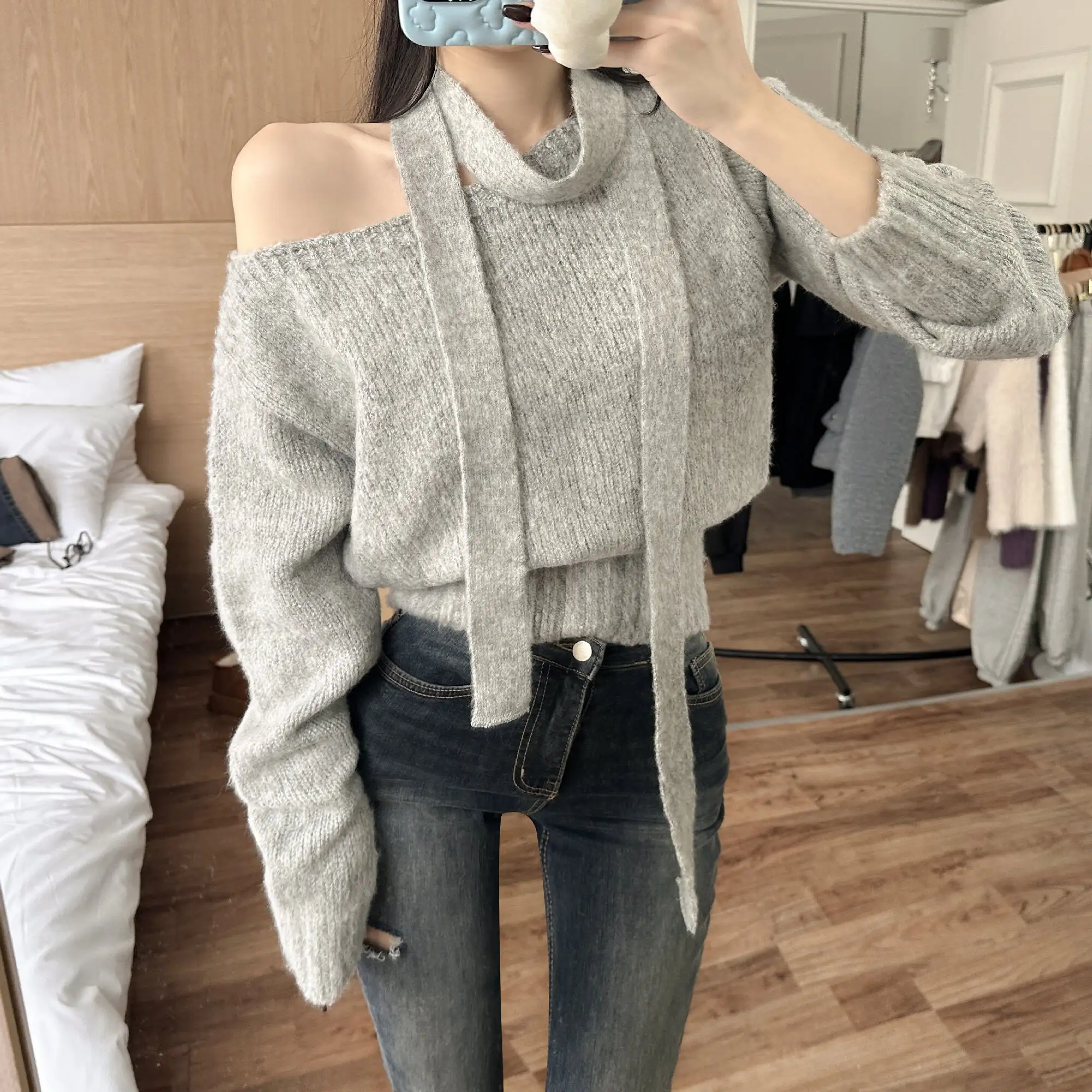 한국 스타일 빈티지 페이스 카라 니트 원피스 상세 이미지 17