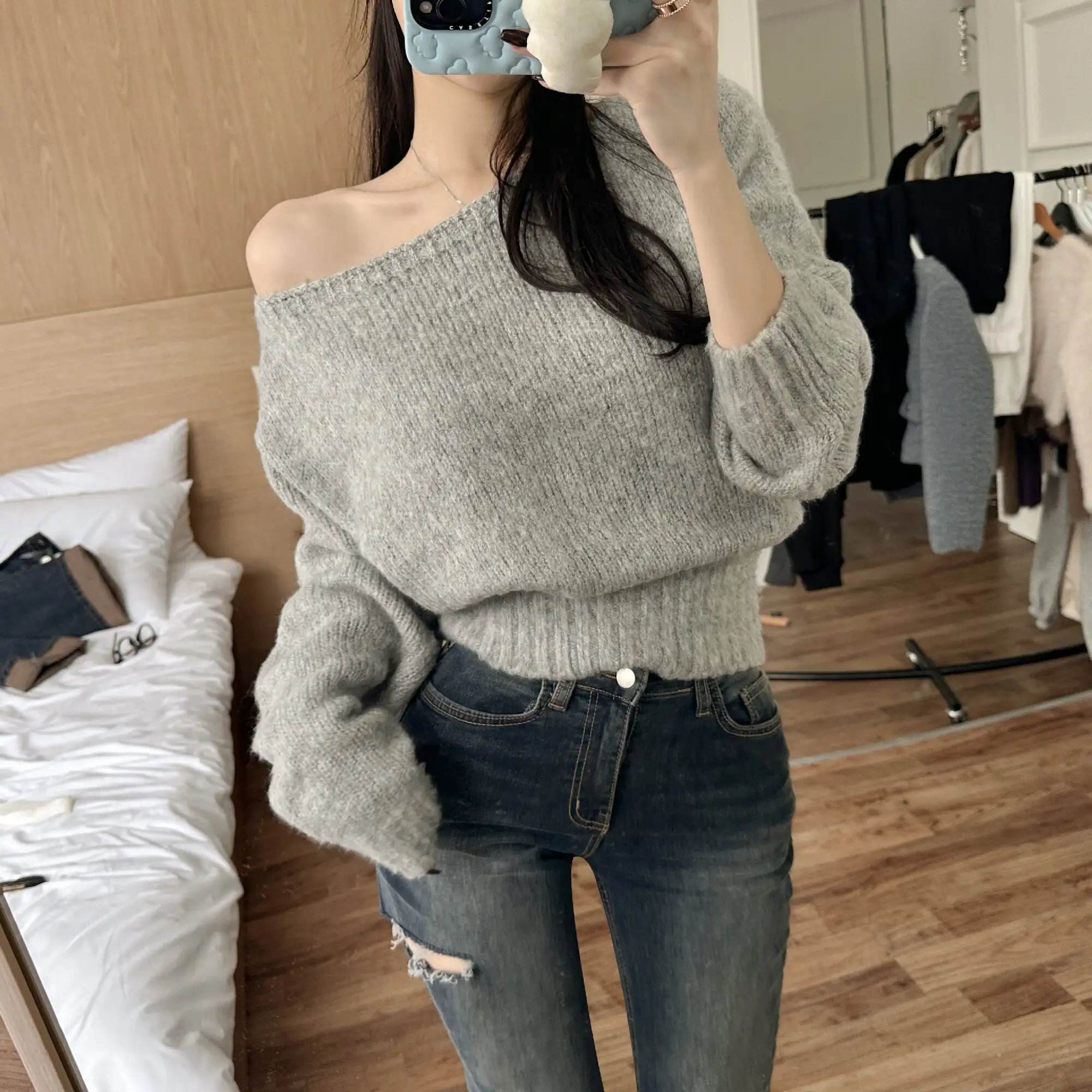 한국 스타일 빈티지 페이스 카라 니트 원피스 상세 이미지 19