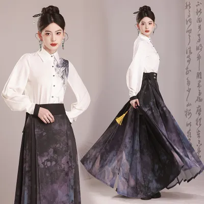 实拍新中式国风女装日常马面裙套装春季新款古装改良汉服成人
