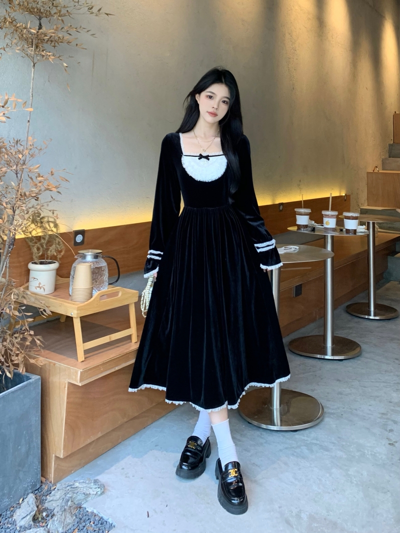 빅 사이즈 여성 의류 가을 겨울 공주 드레스 달콤함 연령 감소 레이스 조각 벨벳 롱 스커트 지방 mm 프랑스식 아름다운 드레스