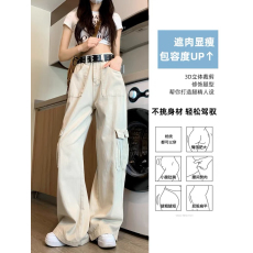 批发水洗全棉美式工装裤女春夏季新款高腰显瘦宽松直筒阔腿裤