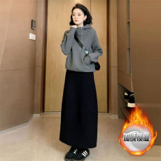 批发韩系气质时尚裙子两件套<b class='q'>女</b>冬季加绒双拉链连帽<b class='q'>卫衣</b>加厚保暖半身裙