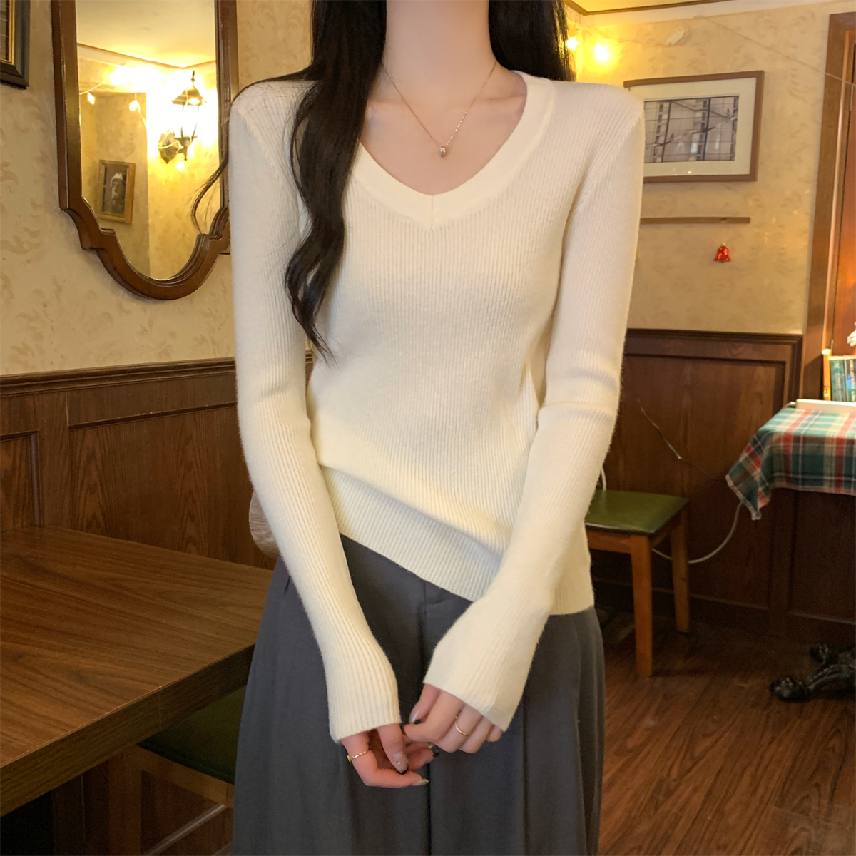 實拍 秋冬韓版修身v領內搭純色加厚安迪絨針織打底衫毛衣女