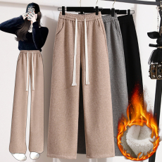 批发实拍抽绳针织毛绒阔腿裤女<b class='q'>秋</b>冬高腰加厚加绒宽松显瘦直筒拖地裤