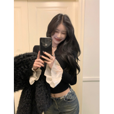 批发实拍~秋冬 新款辣妹风V领拼接喇叭袖<b class='q'>紧身</b>磨毛内搭打底衫<b class='q'>T</b><b class='q'>恤</b>女