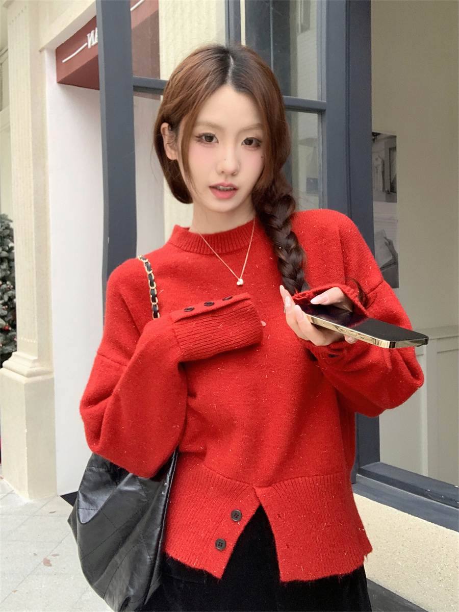 Actual shot of Korean button-down stand-up chic pullover sweater for women winter solid color sweater long-sleeved top