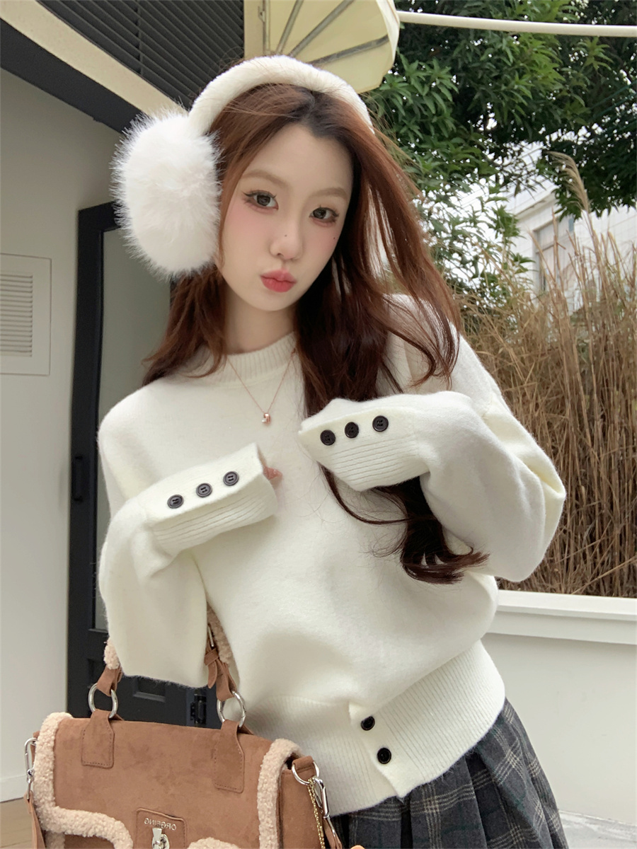 Actual shot of Korean button-down stand-up chic pullover sweater for women winter solid color sweater long-sleeved top