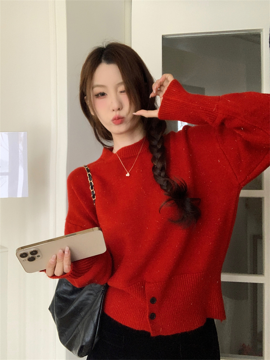 Actual shot of Korean button-down stand-up chic pullover sweater for women winter solid color sweater long-sleeved top