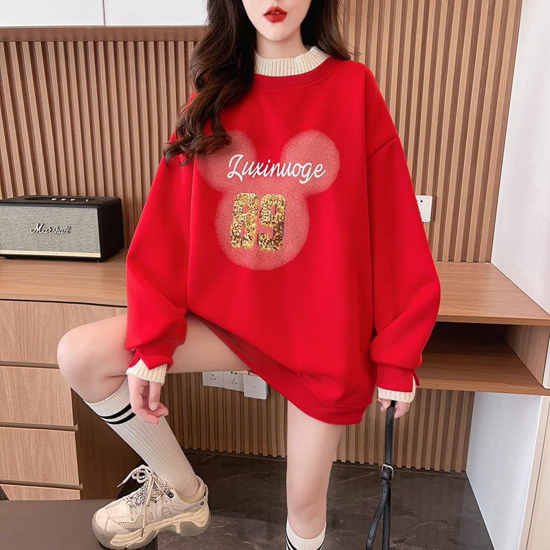實拍-冬裝仿華棉複合貝絨加絨加厚假兩件半高領衛衣女