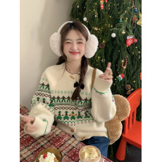 批发实拍~新款圣诞费尔岛撞色提花牛角扣设计感加厚针织开衫