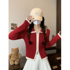 实拍实价  秋冬设计感翻领拼接毛毛针织开衫双头拉链毛衣打底上衣