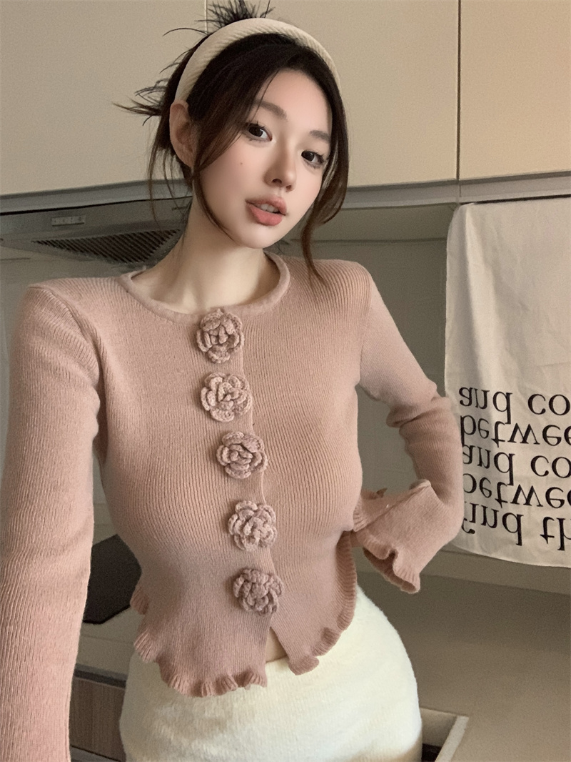PF26228# 韩版立体花朵不规则下摆设计感短款卷边长袖毛衣上衣女裝貨源服裝批發
