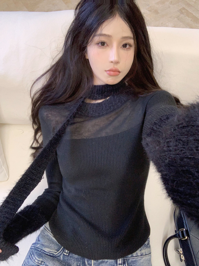Real shot of perspective spliced ​​long-sleeved knitted bottoming shirt for women in winter, slim fit inner scarf top