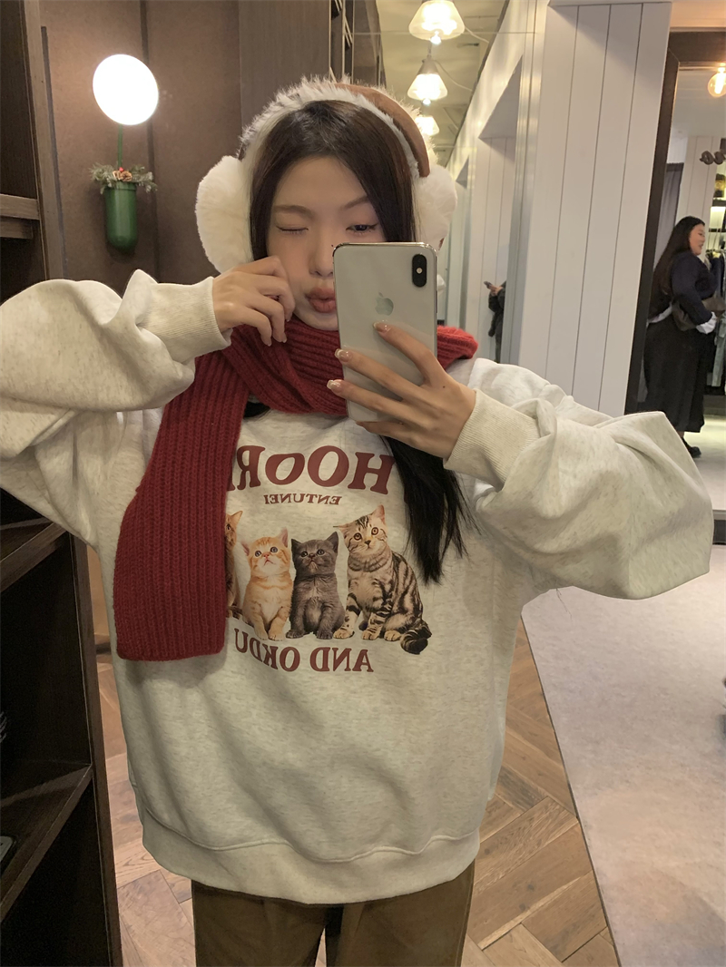 實拍~原創  甜酷復古小貓咪印花加絨銀狐絨寬鬆圓領衛衣