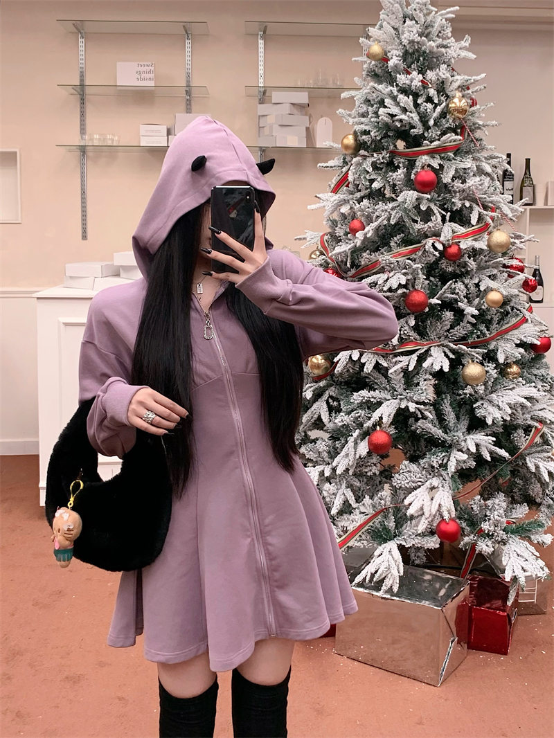 實拍~小惡魔聖誕限定暗黑少女收腰顯瘦連帽衛衣裙風衣連衣裙