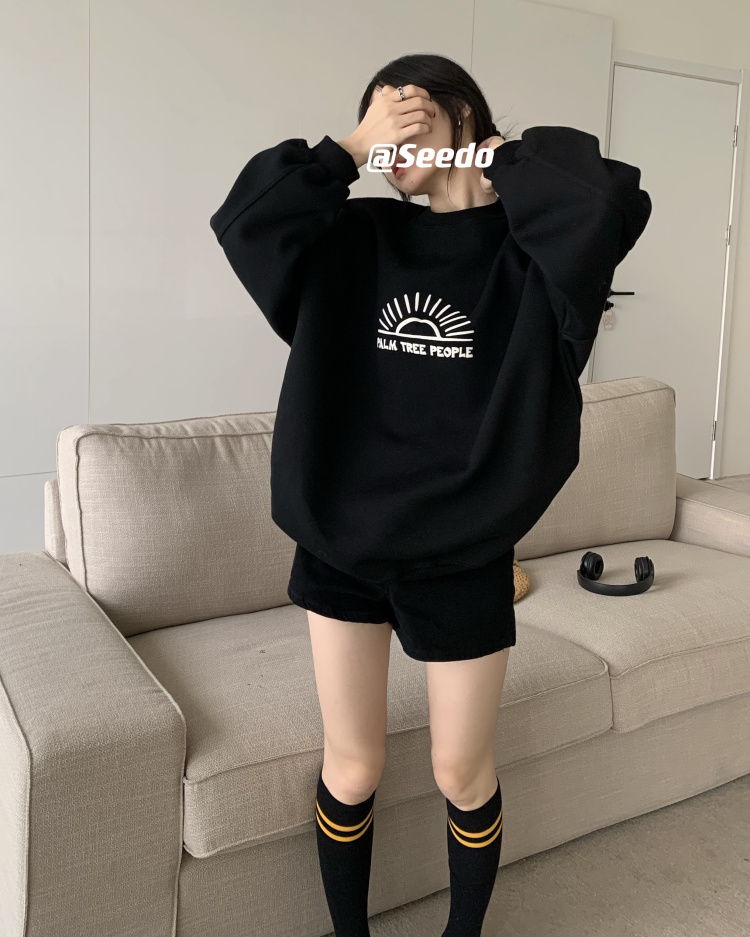 實拍 三標齊 衛衣寬鬆中長款印花圖案圓領長袖衛衣顯瘦上衣女