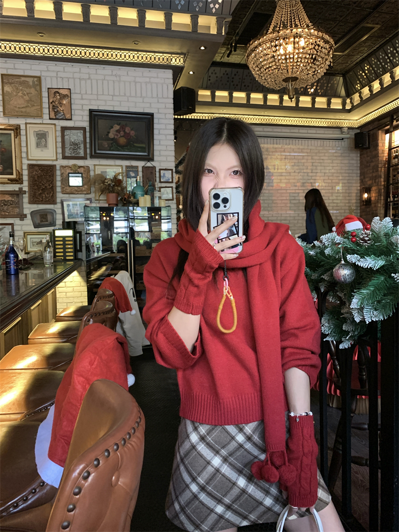 實拍  袖套聖誕紅色毛衣女秋冬2023新款懶惰風上衣配圍巾