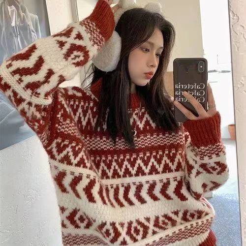 秋冬新款復古寬鬆軟糯新年紅色外穿保暖閨蜜款慵懶聖誕針織衫毛衣