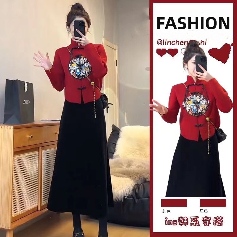 冬季溫柔系穿搭女2023新款氣質減齡針織衫毛衣金絲絨半身裙兩件套