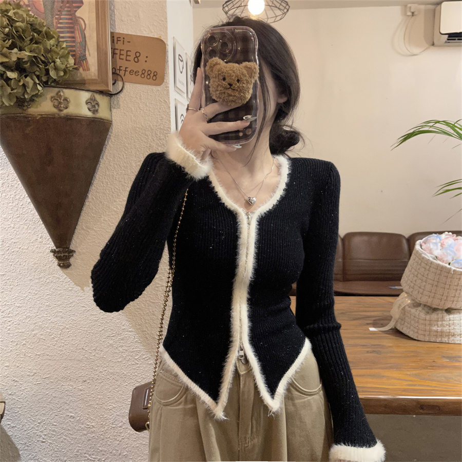 實拍毛絨針織開衫女秋冬修身內搭收腰雙拉鏈毛衣打底衫