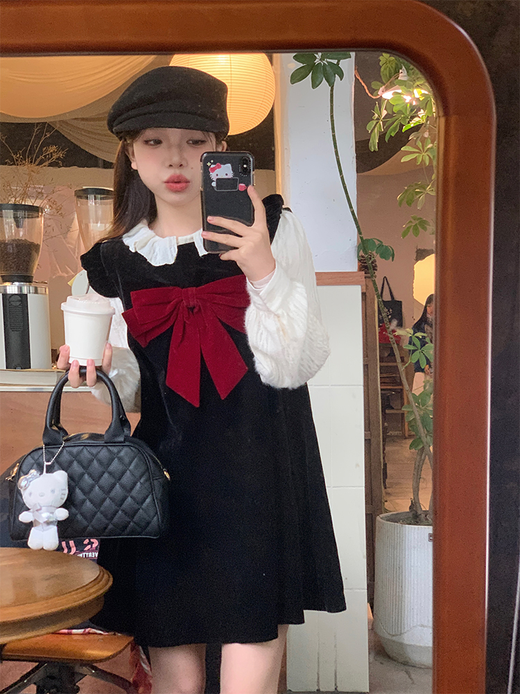 Real shot New Year special ~ Early spring Korean chic bow velvet dress