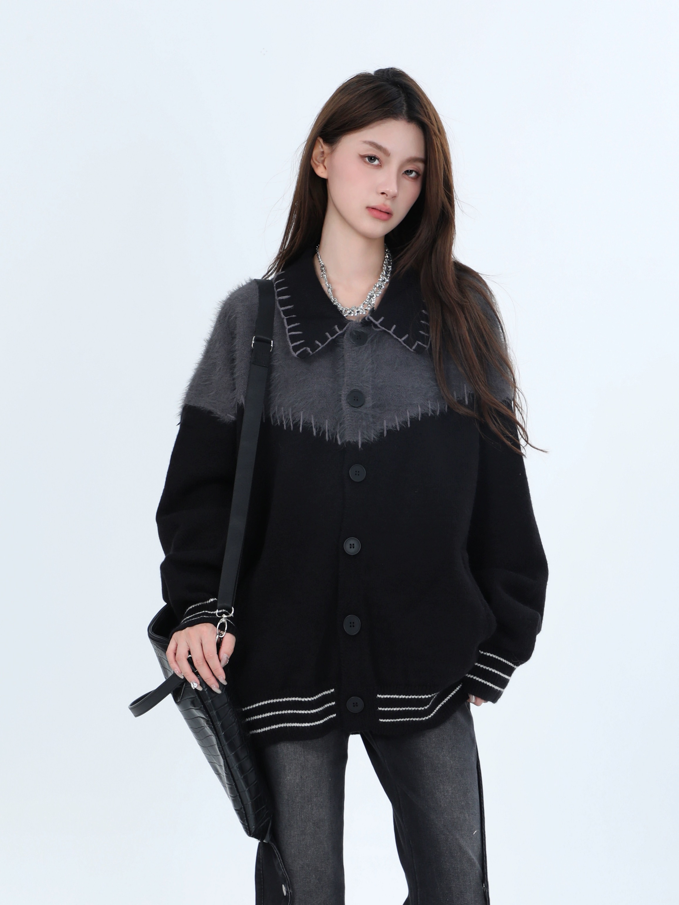 Si Chi Shan Kong College Style Contrast Color Splicing Cardigan Sweater Jacket for Men and Women Lazy Lapel Loose Knitwear