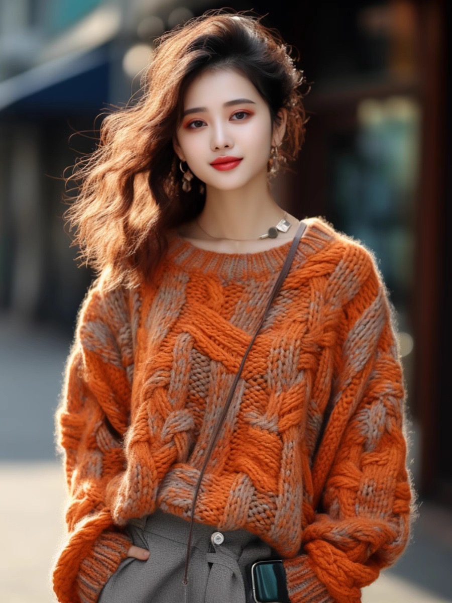 This year's popular beautiful orange small fragrance style thick thread sweater jacket for women 2023 new high-end European tops