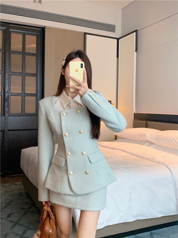 實拍~小香風紋理感夾棉加厚毛呢外套女冬呢子半裙