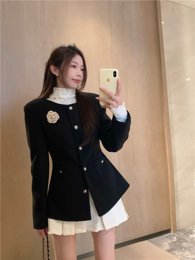 實拍~人間山茶花 呢子外套白色短裙套裝女