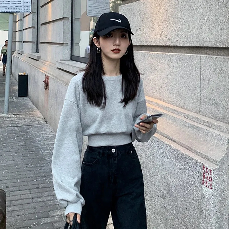 灰色短款衛衣2023新款女春秋款薄款設計感小眾寬鬆長袖圓領上衣