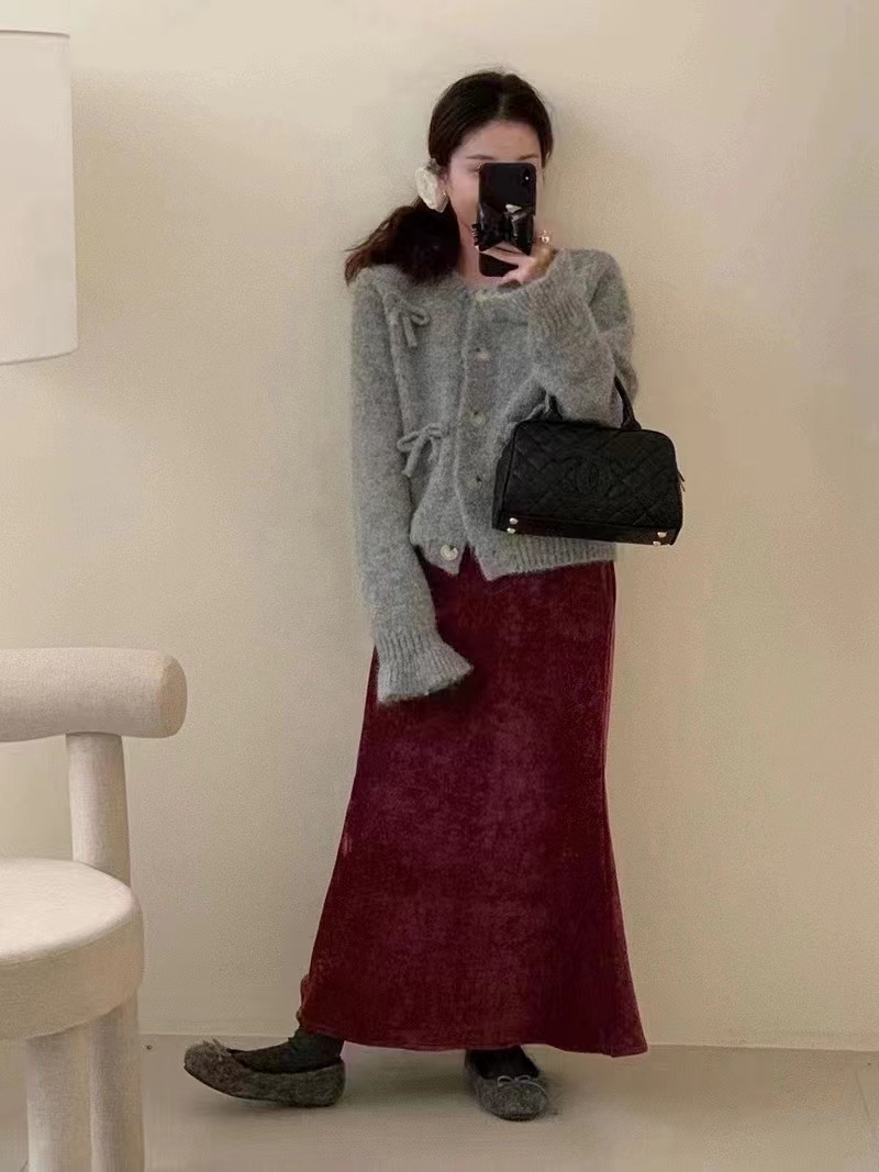 紅色蝴蝶結毛衣外套女秋冬小個子甜美減齡喇叭袖針織開衫上衣
