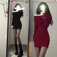 批发韩国外贸春季新款高级感长袖一字肩针织连衣裙红色<b class='q'>包臀</b>短裙子女