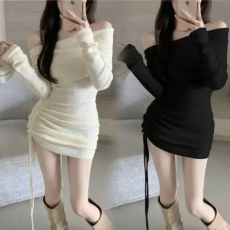 批发韩国外贸一字肩长袖针织连衣裙女装新款辣妹抽绳褶皱收腰<b class='q'>包臀</b>裙子