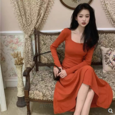 批发<b class='q'>韩国</b>外贸法式方领复古修身长袖连衣裙初新款内搭打底中长款裙子