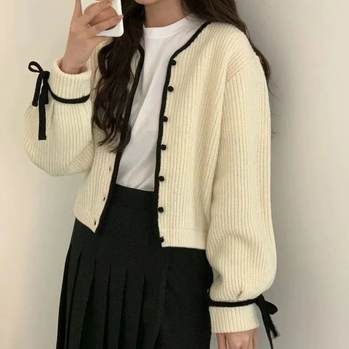 韓國秋冬撞色百搭毛衣女寬鬆甜美單排扣系帶針織開衫