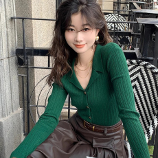 批发港风早春季2026年新款复古气质显瘦翻领针织衫女长袖修身上衣