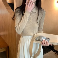 批发POLO领针织衫女春季2026新款上衣打底衫内搭设计感小众翻领毛衣女