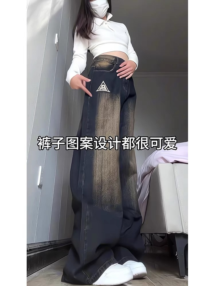 美式水洗复古国潮牛仔裤子女秋冬新款刺绣印花设计感宽松阔腿长裤