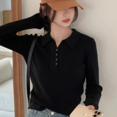 批发polo领长袖短款针织衫女春季小个子修身显瘦内搭毛衣打底衫上衣