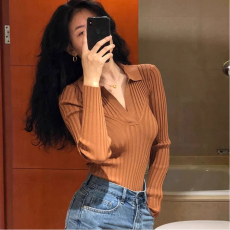 批发法式复古设计感针织衫毛衣女春季心机紧身内搭气质打底锁骨上衣